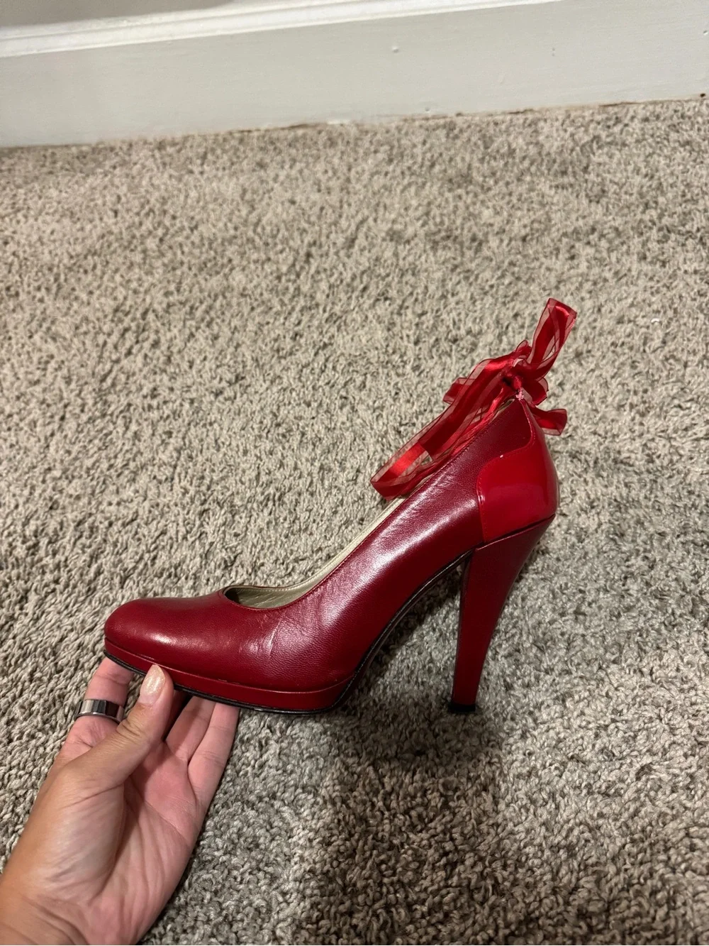 Red Ribbon-Ankle High Heel Pumps for Women